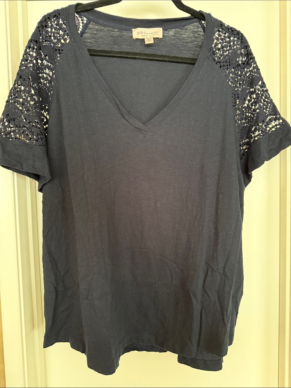 Philosophy Navy V-Neck Tee with Crochet Lace Sleeves